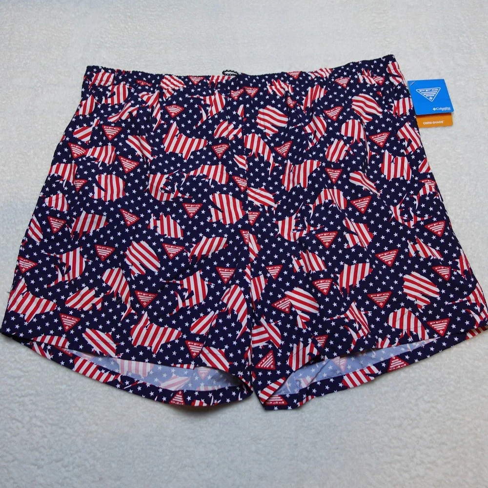 Columbia PFG Clearwater Shores Trunk Mens XXL Blue Red American Flag Fish 6in